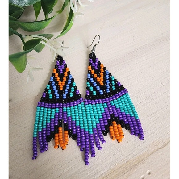 Handmade Jewelry - Handmade Seed Bead Fringe Earrings Boho Tribal Geometric Dangle Purple Teal New